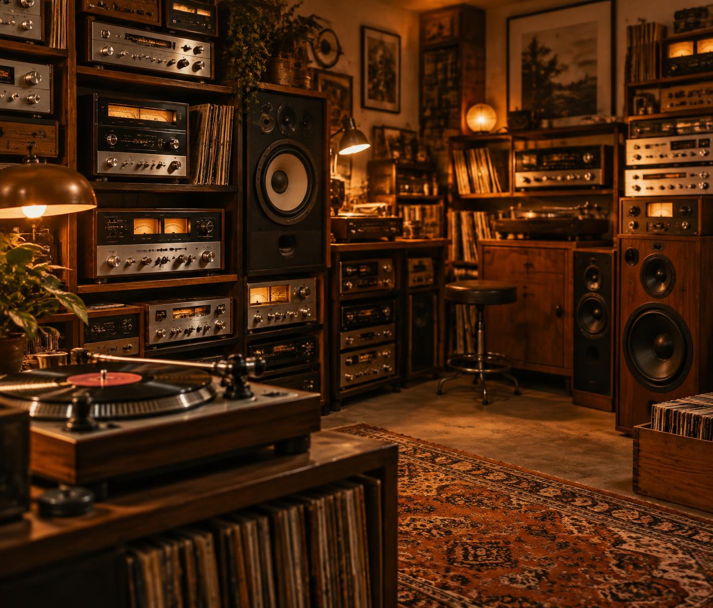 Room filled floor-to-ceiling with vintage stereo receivers, speakers, and records