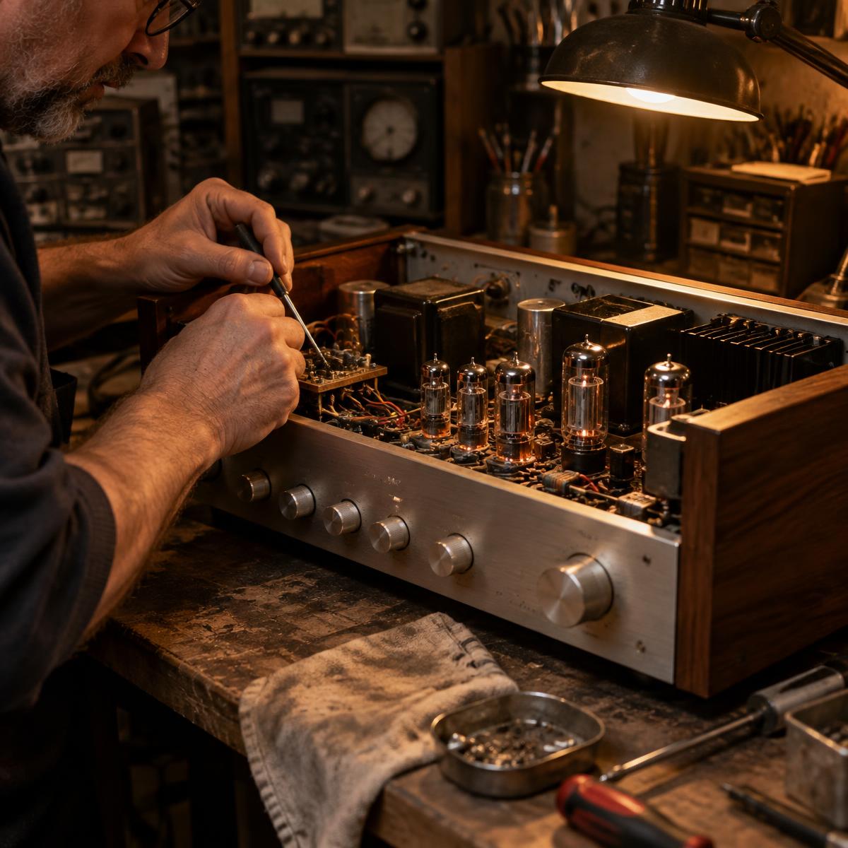 Vintage tube amplifier being carefully repaired on an electronics workbench