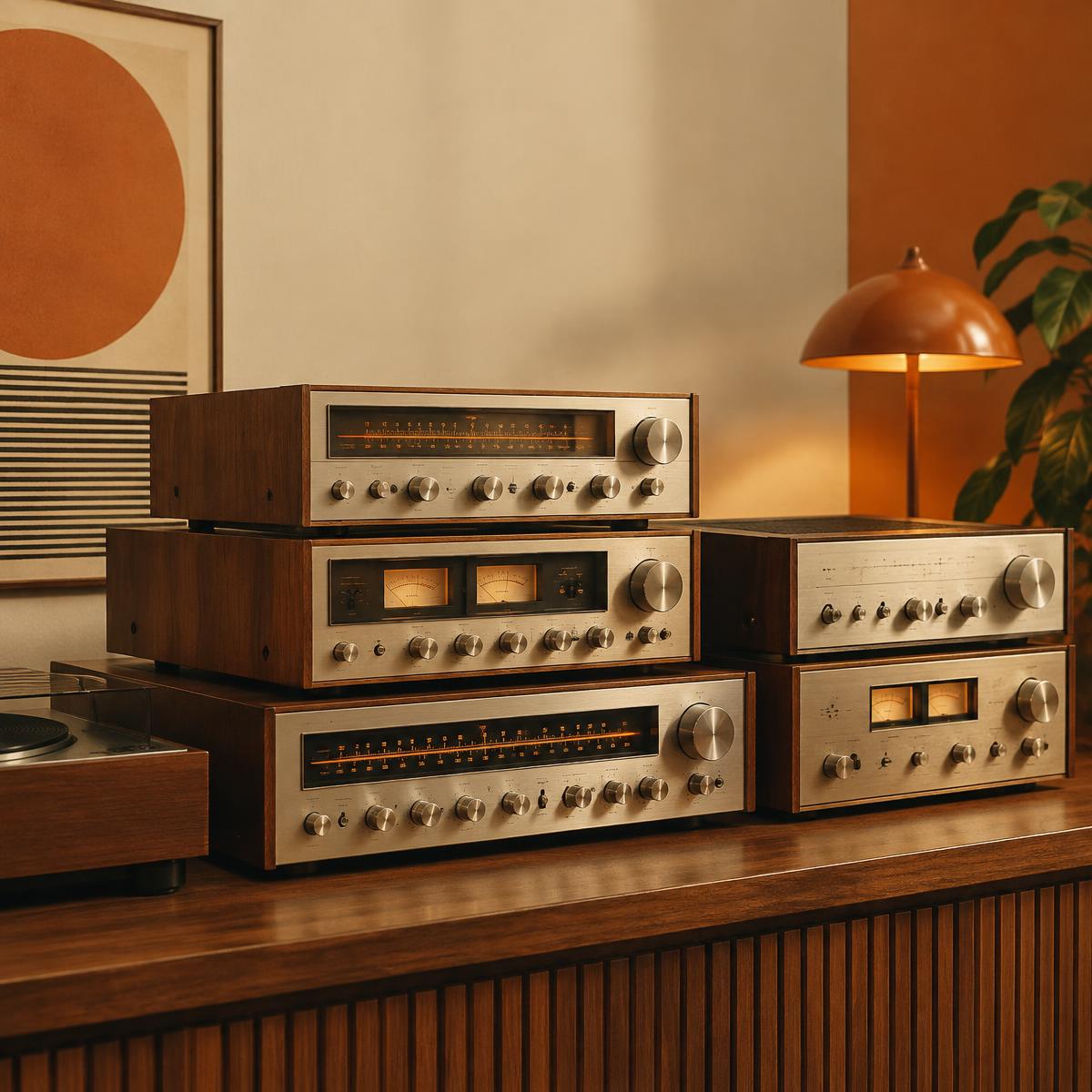 Collection of vintage analog receivers displayed in a warm editorial setting