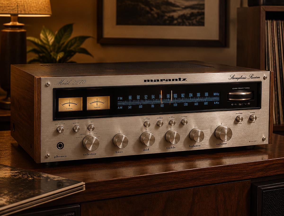 Marantz 2270 vintage stereo receiver with an illuminated tuning dial and walnut cabinet