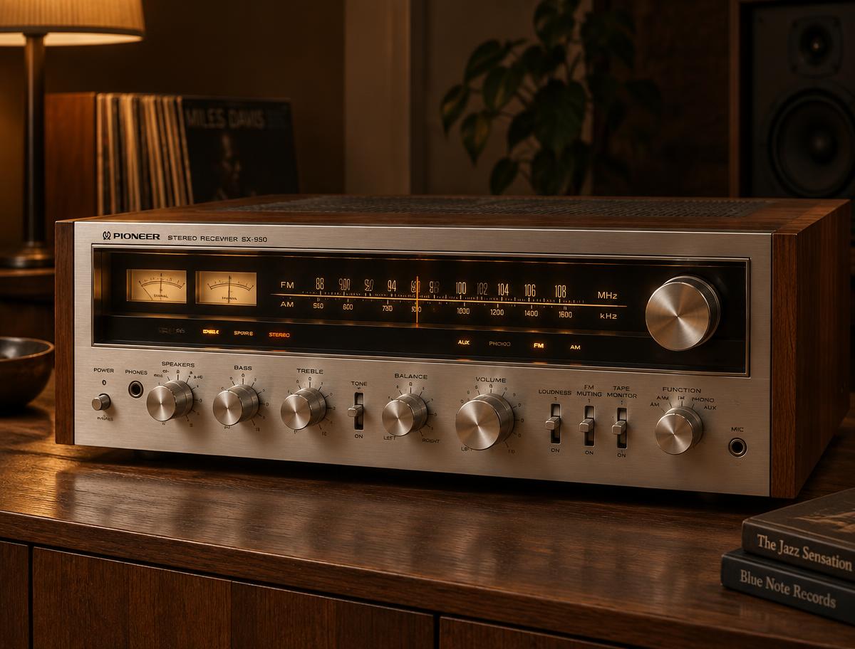 Pioneer SX-950 vintage stereo receiver with a silver face and walnut cabinet