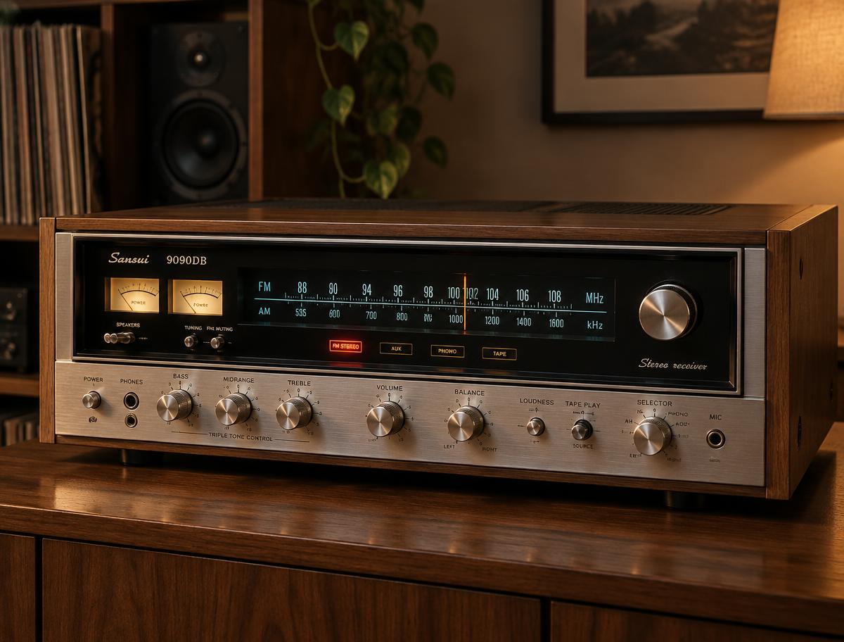 Sansui 9090DB vintage stereo receiver with analog meters and a walnut cabinet